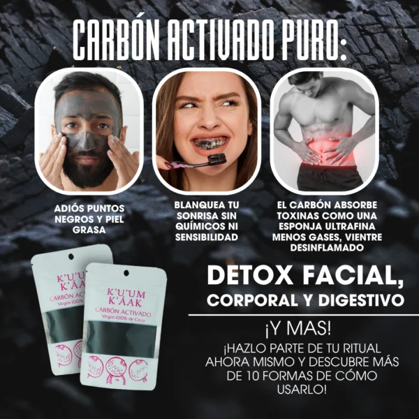 15 Carbón Activado Extra Virgen en Polvo | Limpieza Profunda Facial y Capilar
